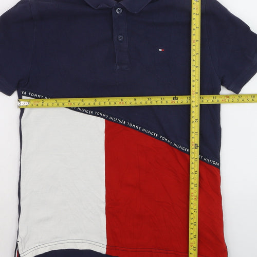 Tommy Hilfiger Boys Blue Red Colourblock Polo Shirt Size 152 Classic Cotton