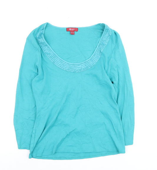 Monsoon Women Blue Size 14 Silk Trim Long Sleeve Scoop Neck Blouse