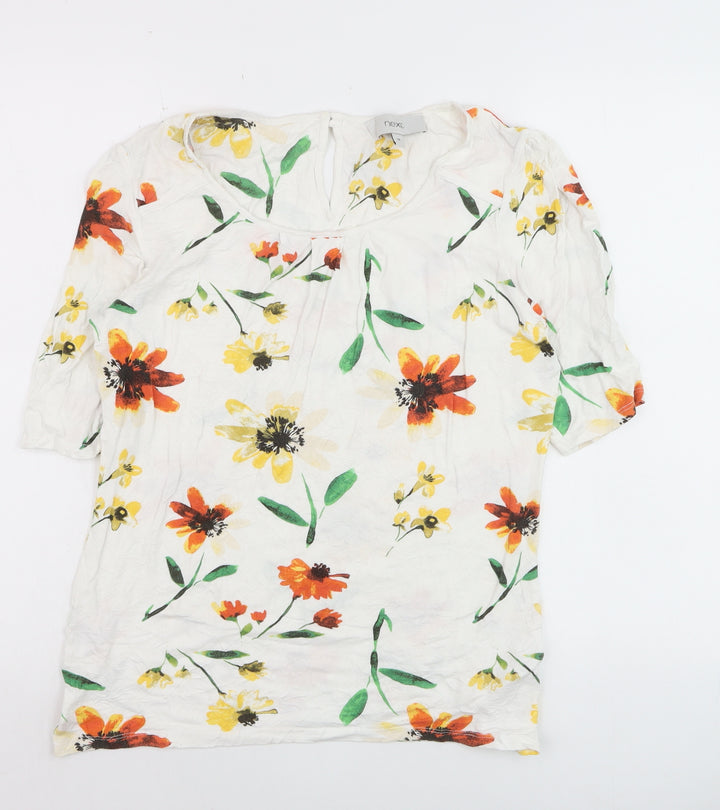 Next Women White Floral Short Sleeve Blouse Size 14 Viscose Blend