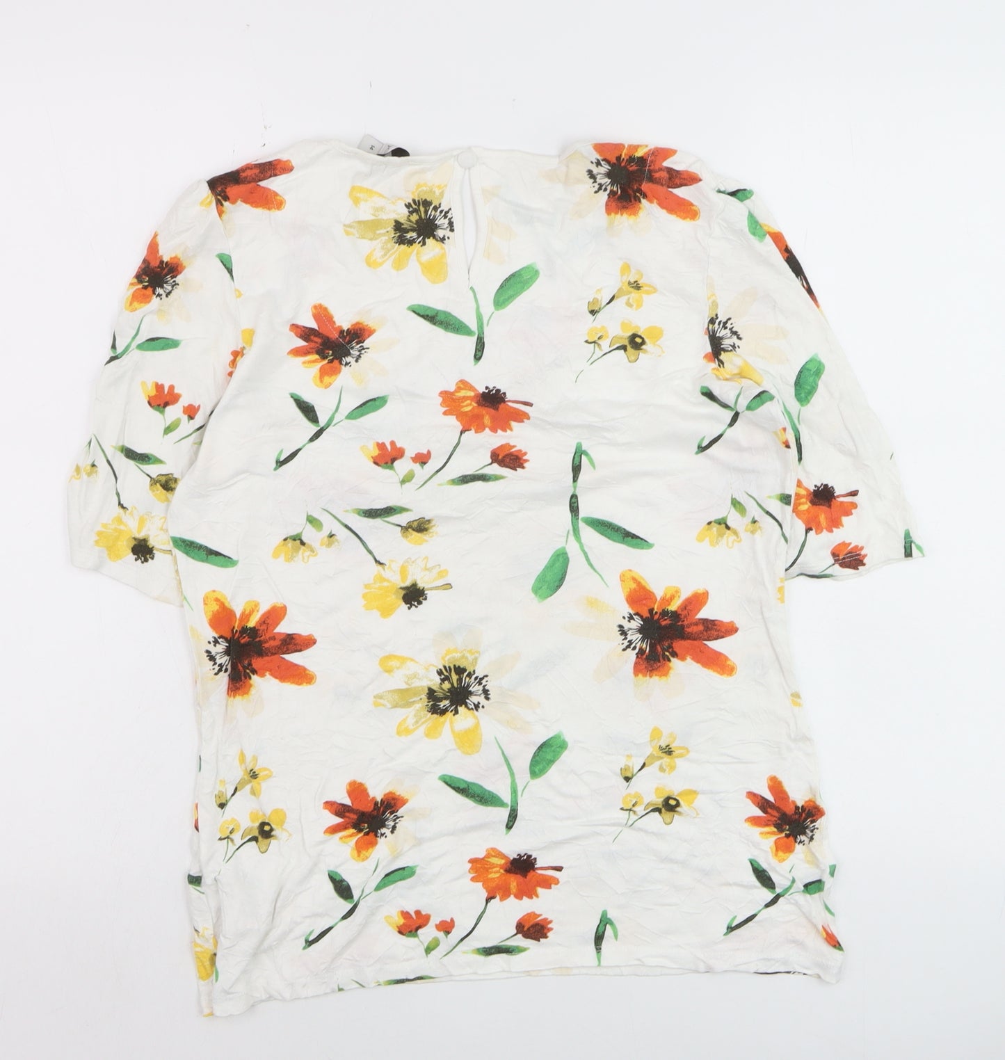 Next Women White Floral Short Sleeve Blouse Size 14 Viscose Blend