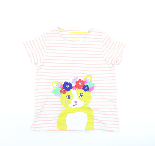 Mini Boden Girls Pink Striped Cat Graphic Cotton T-Shirt 7 Years