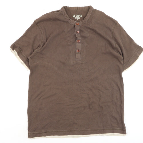 Lee Cooper Men Brown Henley Short Sleeve Cotton Casual Shirt M