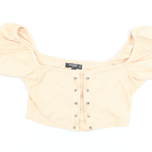 Missguided Women Beige Cropped Puff Sleeve Lace-Up Top UK 8 Petite