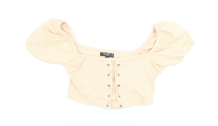 Missguided Women Beige Cropped Puff Sleeve Lace-Up Top UK 8 Petite