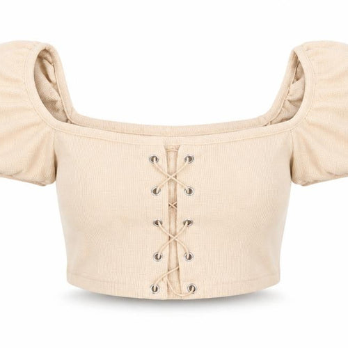 Missguided Women Beige Cropped Puff Sleeve Lace-Up Top UK 8 Petite