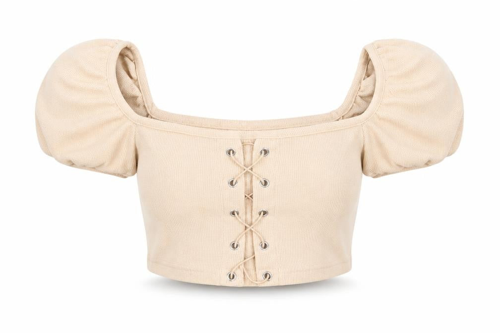 Missguided Women Beige Cropped Puff Sleeve Lace-Up Top UK 8 Petite