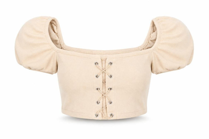 Missguided Women Beige Cropped Puff Sleeve Lace-Up Top UK 8 Petite