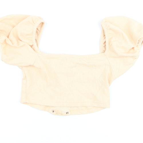 Missguided Women Beige Cropped Puff Sleeve Lace-Up Top UK 8 Petite