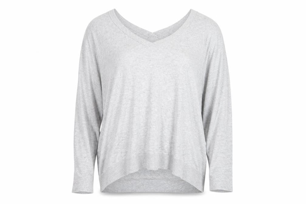 Zara Women Grey V-Neck Relaxed Knit Long Sleeve Top L