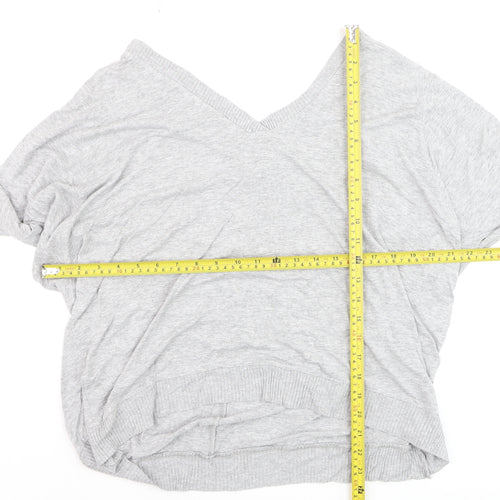 Zara Women Grey V-Neck Relaxed Knit Long Sleeve Top L
