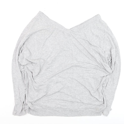 Zara Women Grey V-Neck Relaxed Knit Long Sleeve Top L