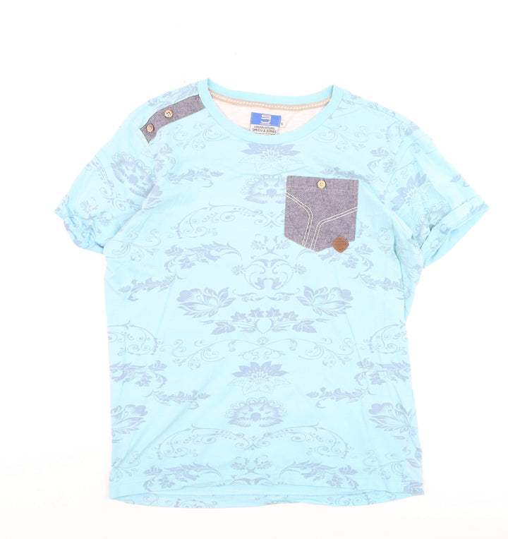 Smith & Jones Men's Blue Floral Crew Neck Cotton T-Shirt Size S