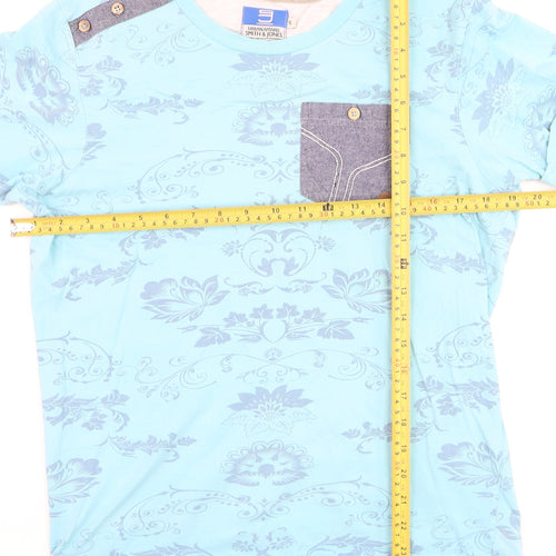 Smith & Jones Men's Blue Floral Crew Neck Cotton T-Shirt Size S