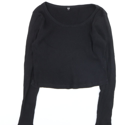 Uniqlo Women Black Ribbed Cotton Long Sleeve Pullover Jumper Size L