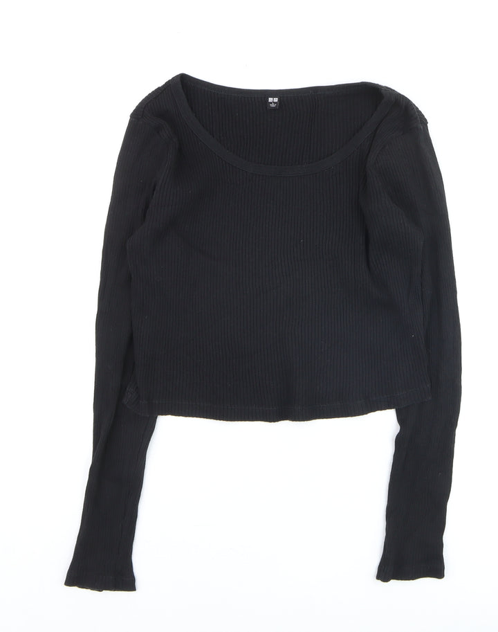 Uniqlo Women Black Ribbed Cotton Long Sleeve Pullover Jumper Size L