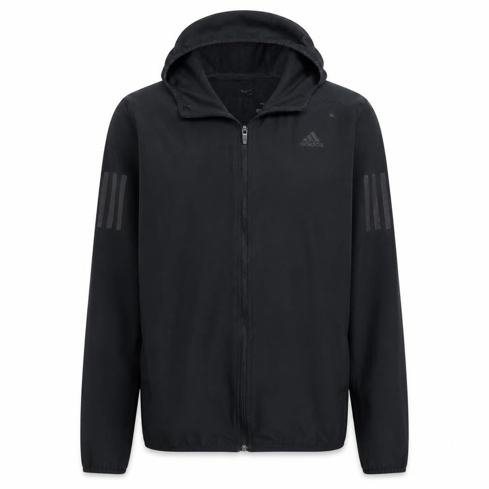 Front view of Adidas Men's Black Full Zip Running Hoodie, size S