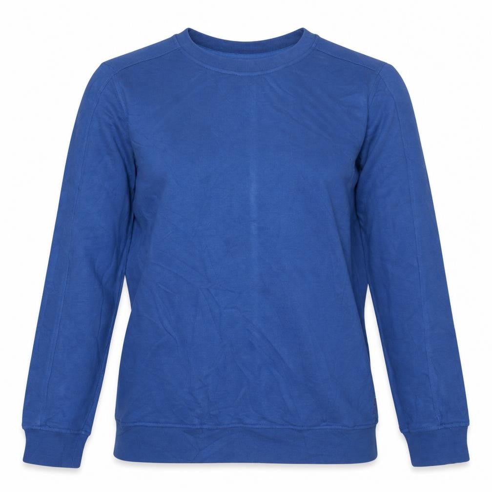 Front view of Gym+Coffee women’s blue pullover sweatshirt, size M