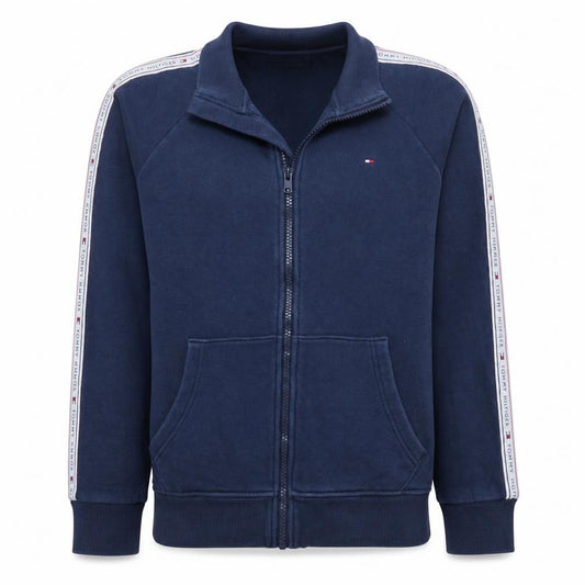 Front view of Tommy Hilfiger boys’ blue track jacket, size 164, zip-up fleece full zip