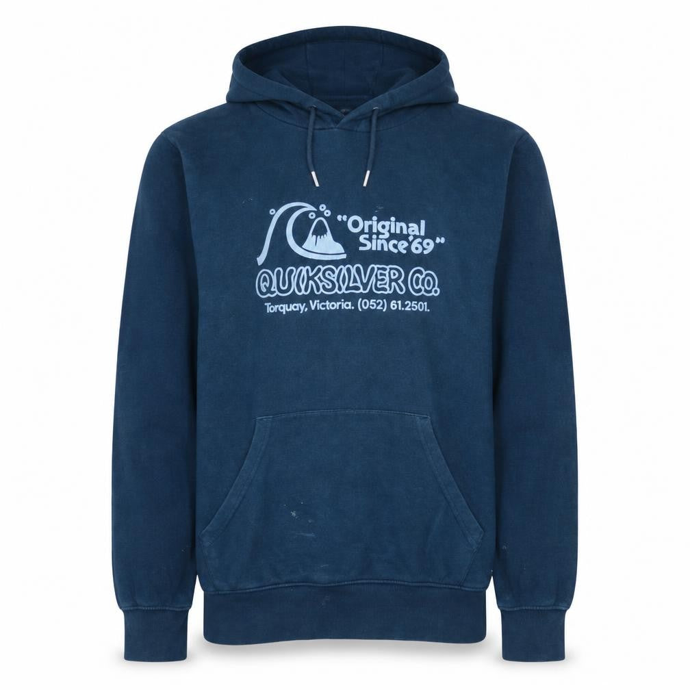Front view of Quiksilver Men’s Blue Pullover Hoodie Small Regular Fit Surf Style
