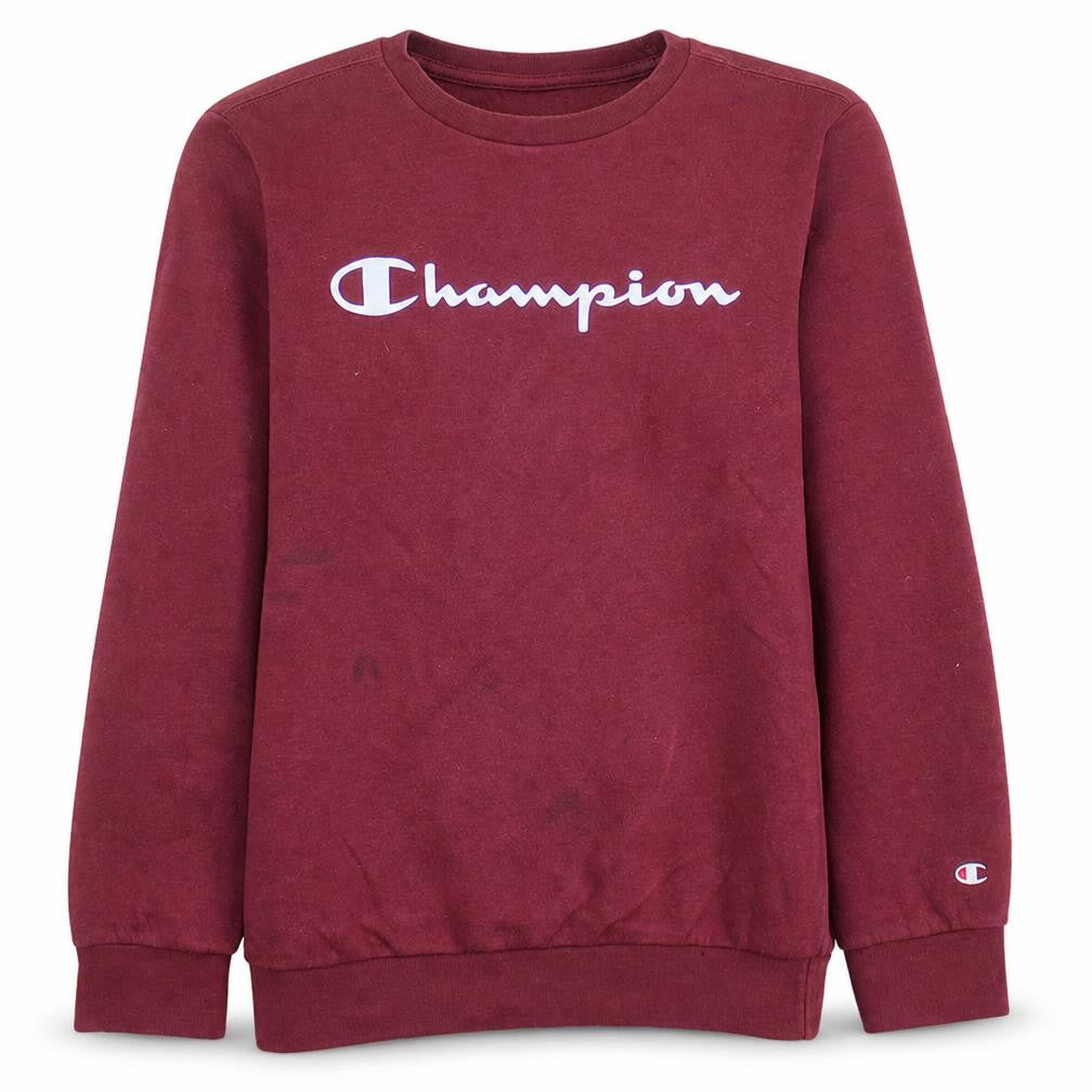 Front view of Champion girls’ red pullover sweatshirt, size L, logo crew neck fleece