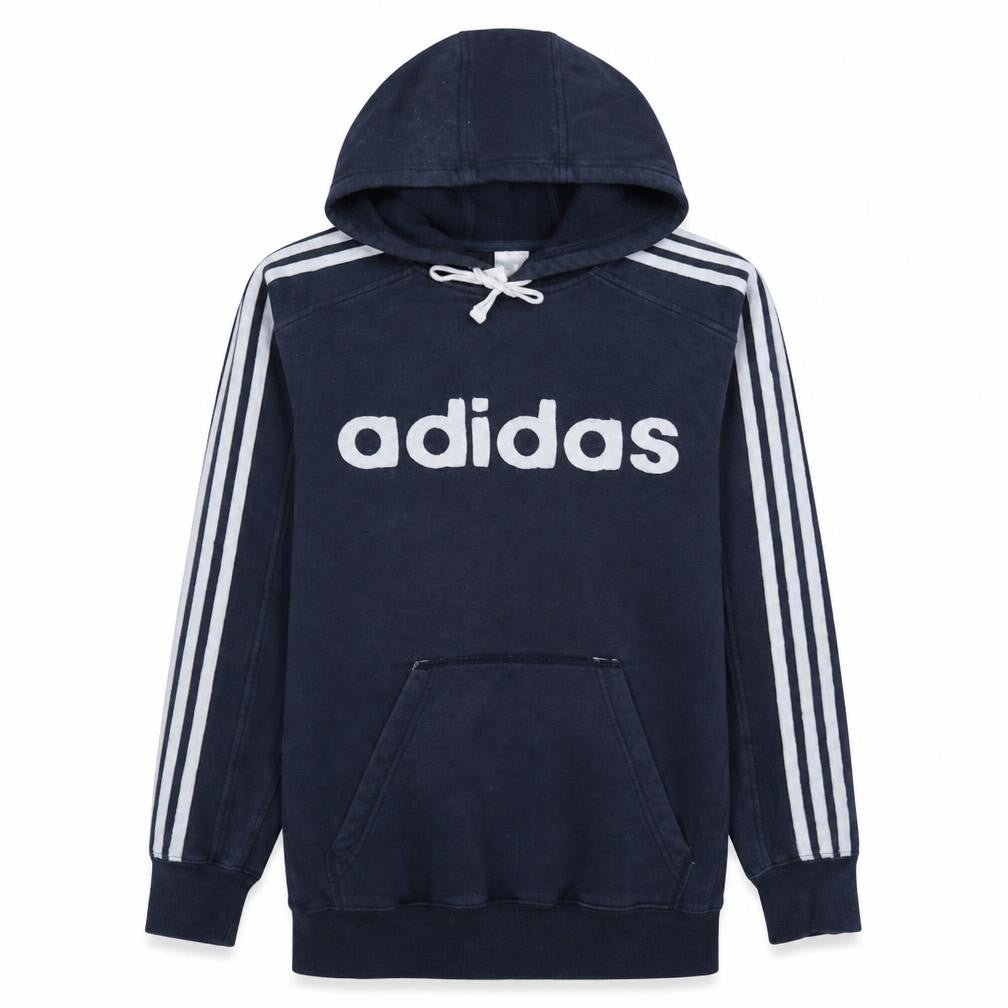 Front view of Adidas Men’s Navy Blue Pullover Hoodie, size S, Logo Graphic Cotton Blend
