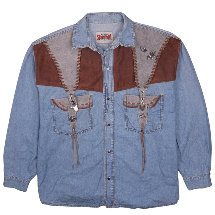 Stockerpoint Men's Blue Western Suede Denim Button-Up Shirt L