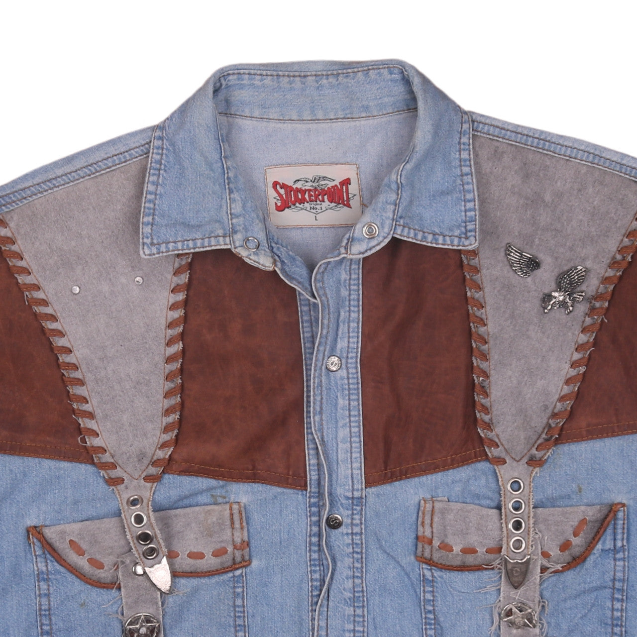Stockerpoint Men's Blue Western Suede Denim Button-Up Shirt L