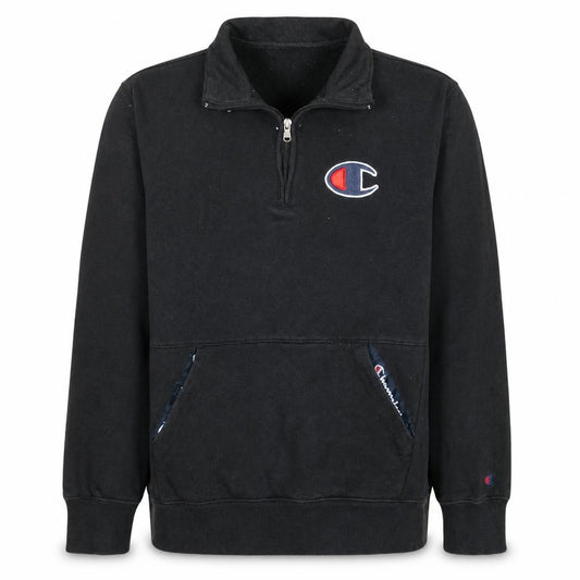 Front view of Champion men’s black medium 1/4 zip fleece sweatshirt