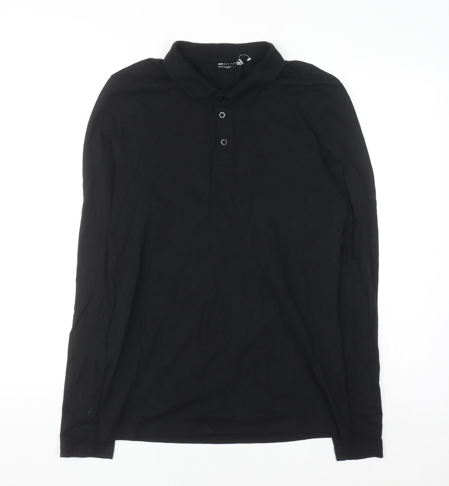 ASOS DESIGN Mens Black Long Sleeve Slim Fit Cotton Polo Shirt L