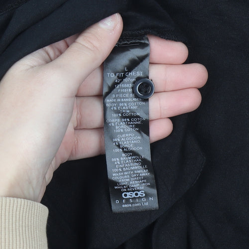ASOS DESIGN Mens Black Long Sleeve Slim Fit Cotton Polo Shirt L