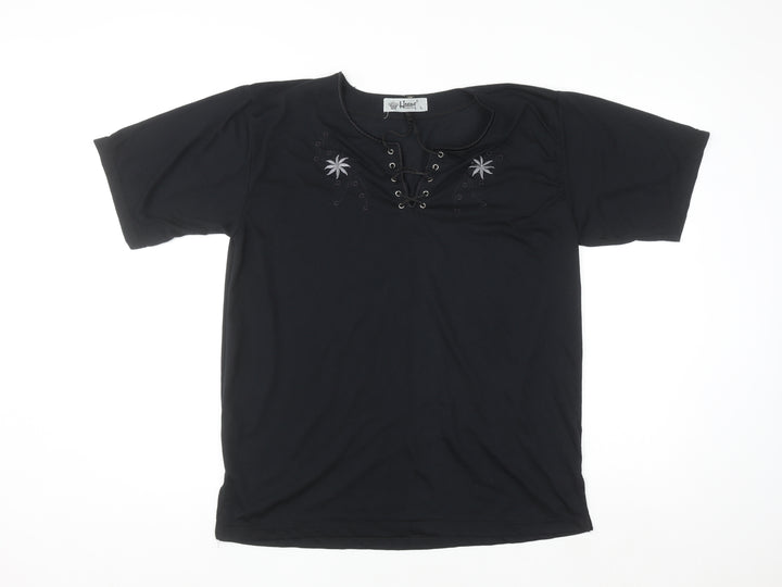 Hoang Collection Women's Black Cotton Blend Lace Up Tunic T-Shirt L