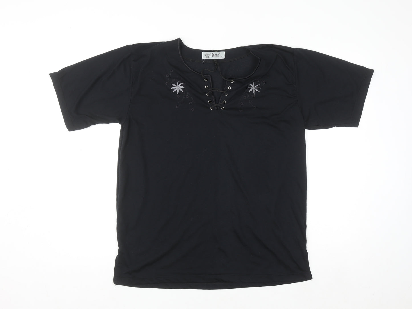 Hoang Collection Women's Black Cotton Blend Lace Up Tunic T-Shirt L