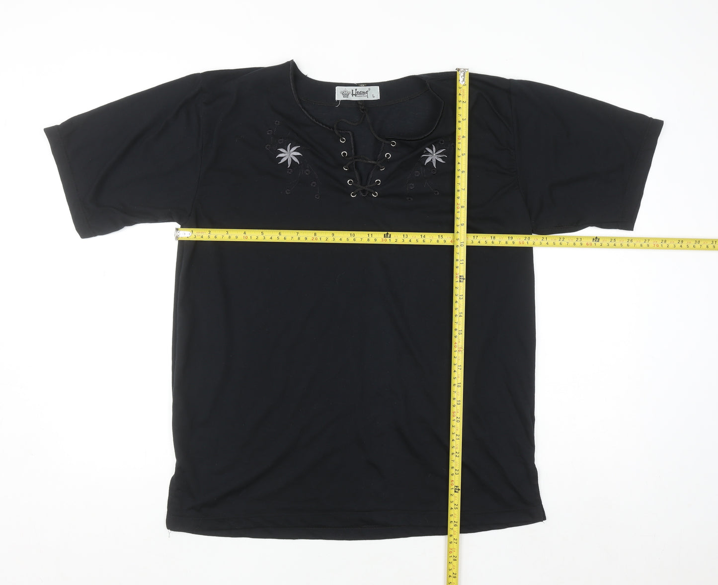 Hoang Collection Women's Black Cotton Blend Lace Up Tunic T-Shirt L