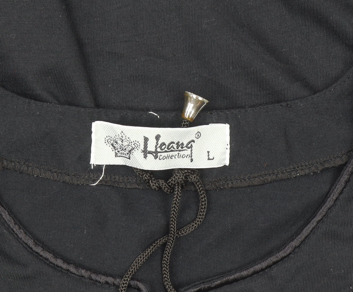 Hoang Collection Women's Black Cotton Blend Lace Up Tunic T-Shirt L