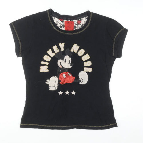 Disney Women Black Mickey Mouse T-Shirt Size M Crew Neck Cotton