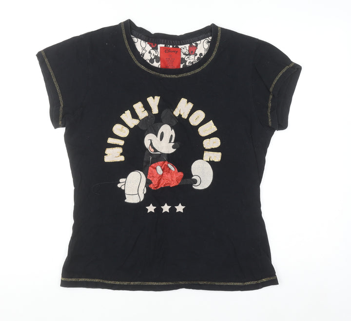 Disney Women Black Mickey Mouse T-Shirt Size M Crew Neck Cotton
