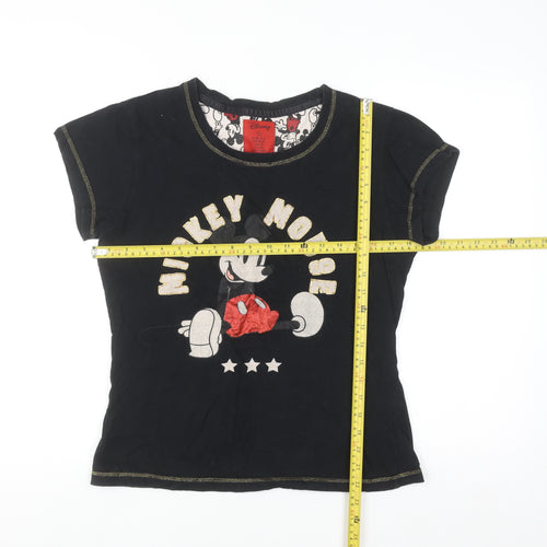 Disney Women Black Mickey Mouse T-Shirt Size M Crew Neck Cotton