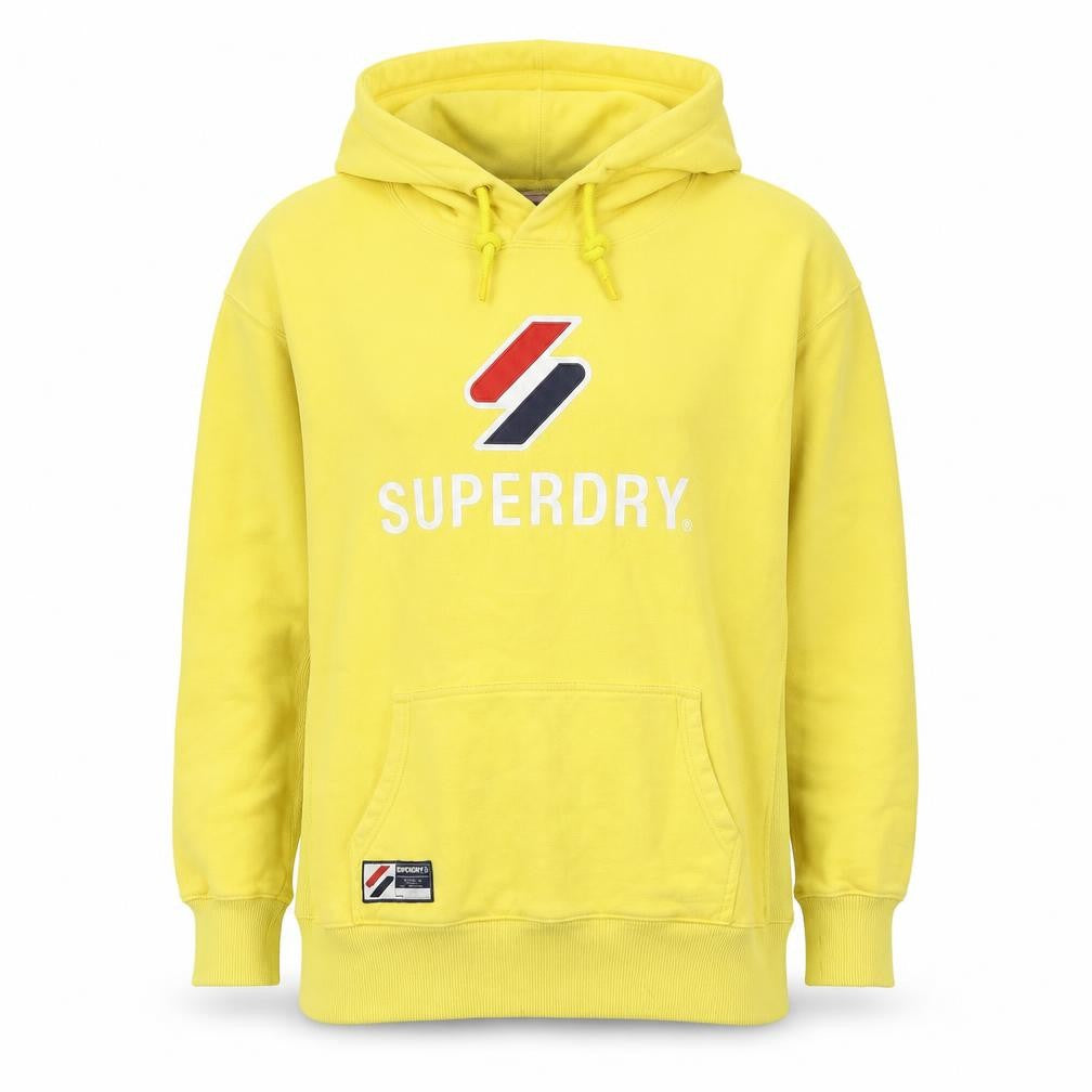 Front view of Superdry women’s yellow pullover hoodie, size M, cotton blend