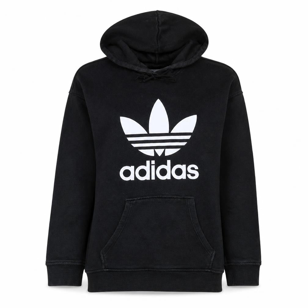 Front view of Adidas women’s black pullover hoodie, size UK 10, logo hooded sweatshirt