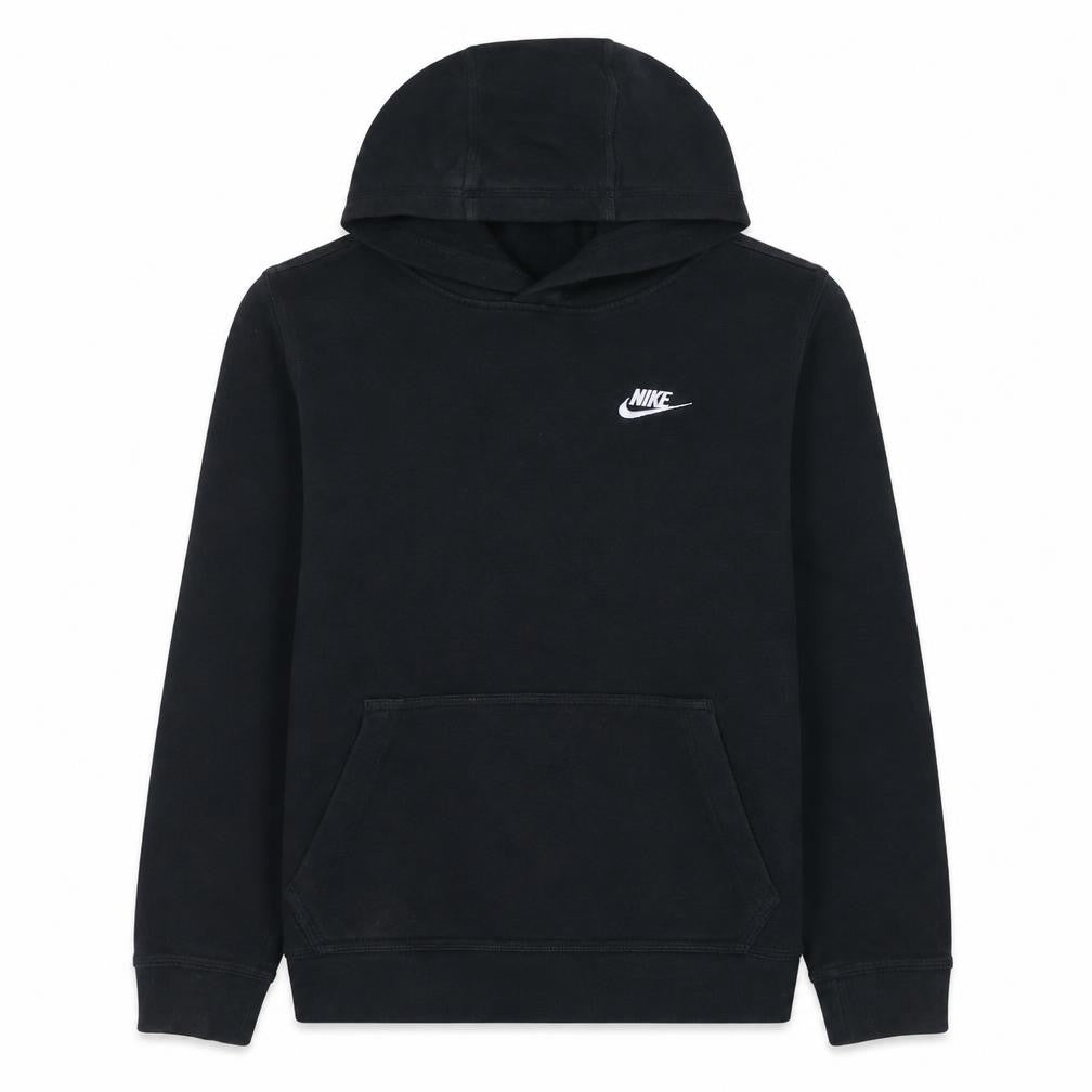 Front view of Nike boys’ black xl pullover hoodie with logo and kangaroo pocket