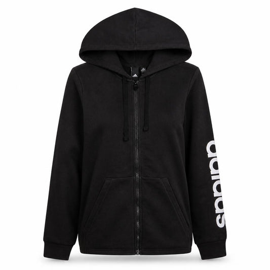Front view of Adidas women’s black full zip hoodie, size S, 8-10 zip pockets hooded sweatshirt