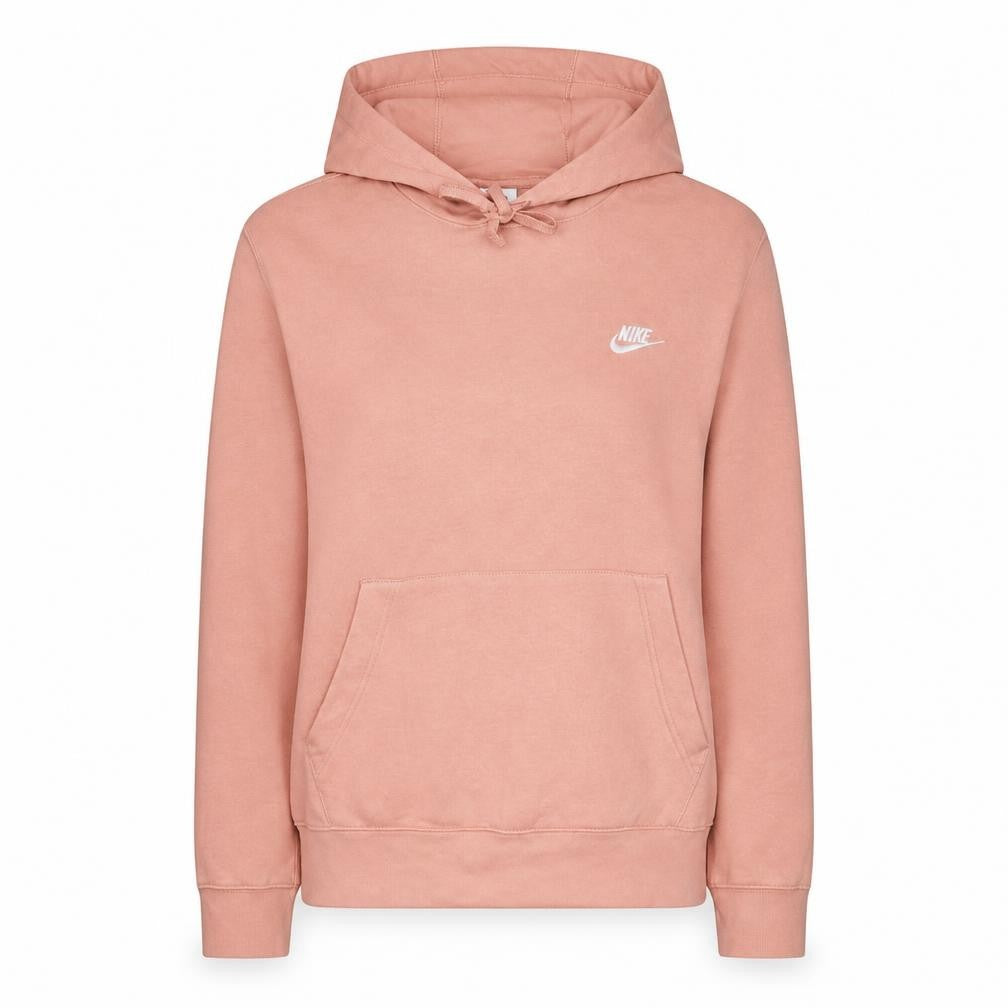 Front view of Nike women’s pink pullover hoodie large cotton blend fleece sweatshirt