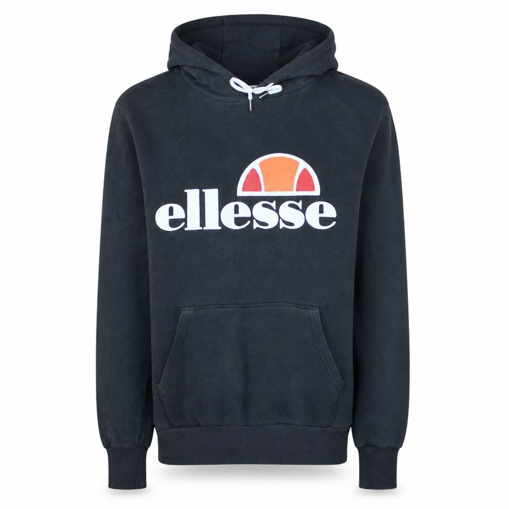 Front view of Ellesse Men's Black Pullover Hoodie, size L, Logo Fleece Sweatshirt