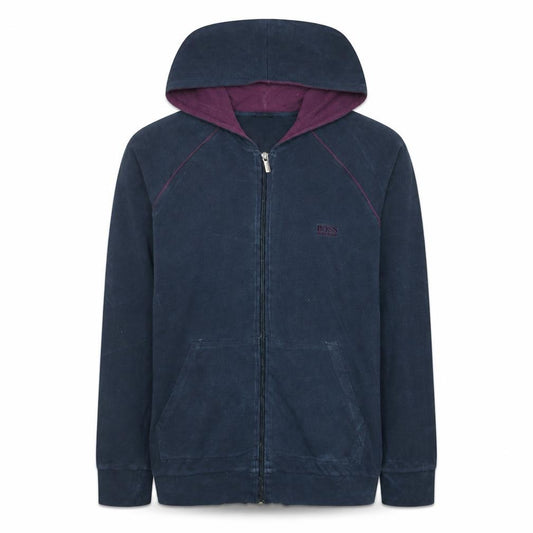 Front view of Hugo Boss women’s navy full zip hoodie, size L, cotton blend