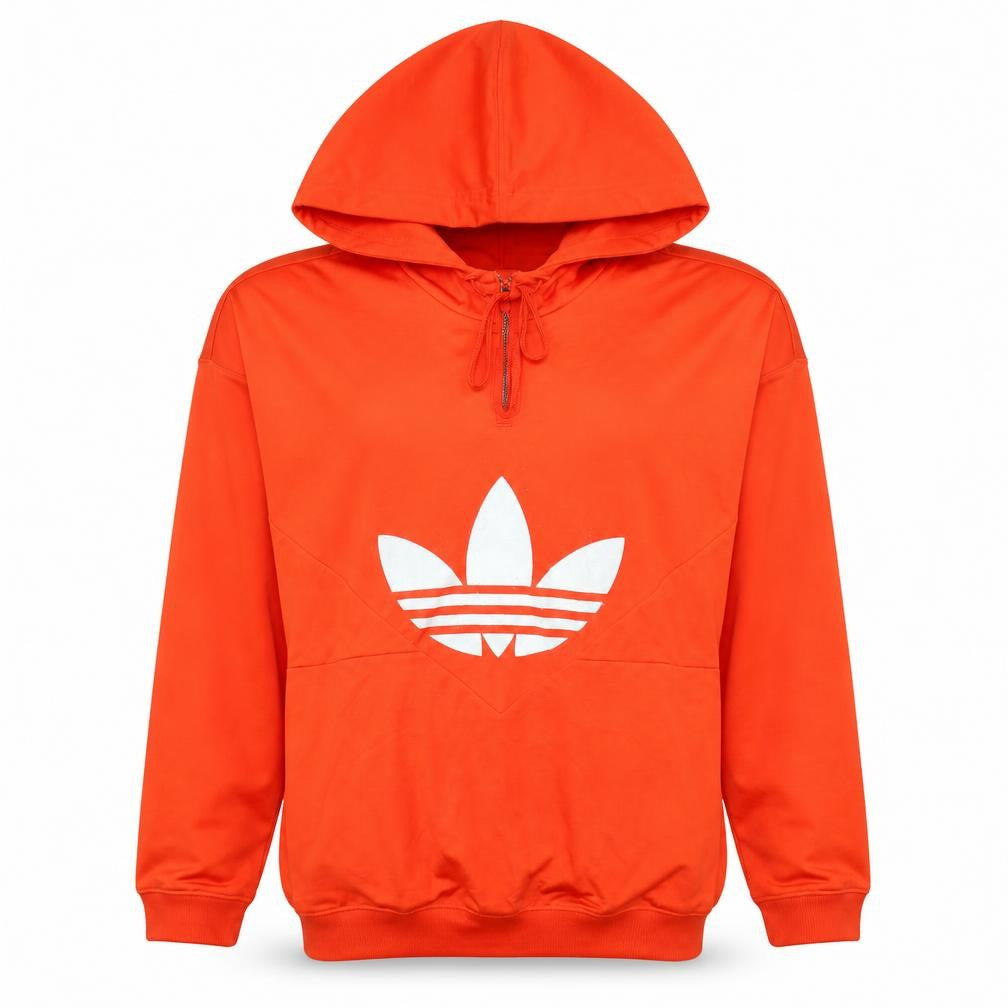 Front view of Adidas women’s orange hooded pullover sweatshirt, size UK 10, logo hoodie