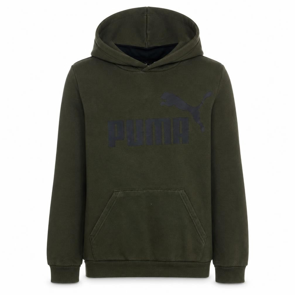 Front view of Puma boys’ green pullover hoodie long sleeve logo sweatshirt, size 14