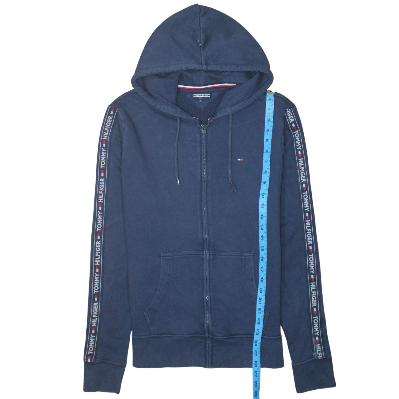 Tommy Hilfiger Men's Blue Full Zip Hoodie Size L Logo Tape Hooded Sweatshirt