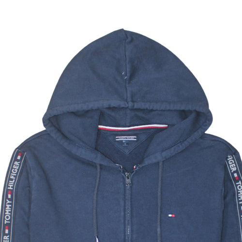 Tommy Hilfiger Men's Blue Full Zip Hoodie Size L Logo Tape Hooded Sweatshirt