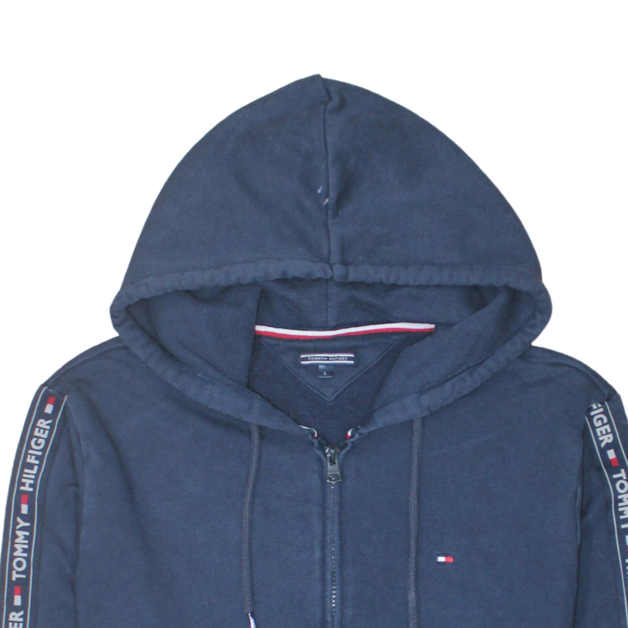 Tommy Hilfiger Men's Blue Full Zip Hoodie Size L Logo Tape Hooded Sweatshirt