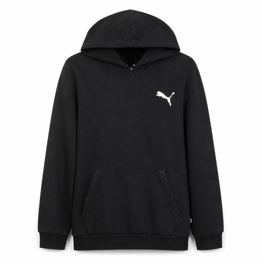 Front view of Puma Men's Black Pullover Hoodie, size S, Regular Fit Sportswear